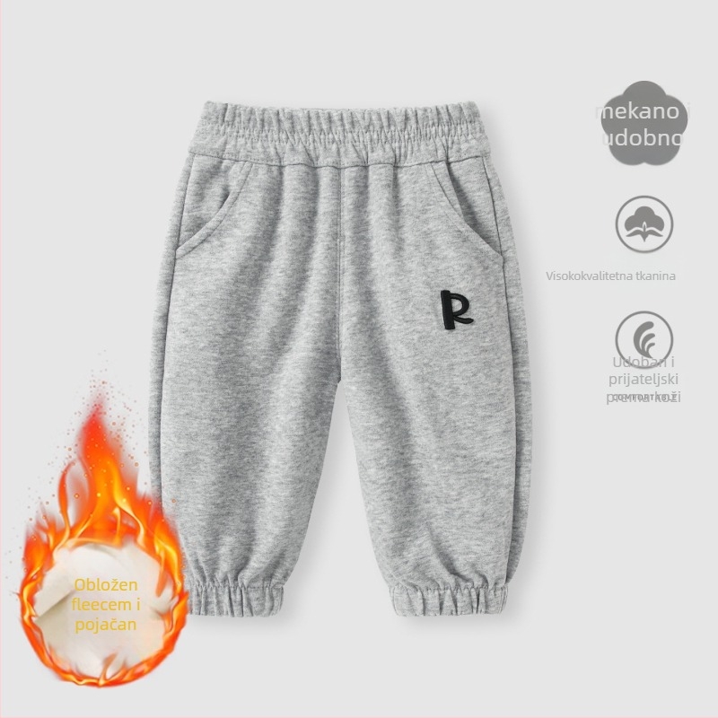 Dječje hlače za dječake 1–3 godine, fleece iznutra, casual stil, 50% pamuk, srednji pojas, duge hlače, zimski model 2025