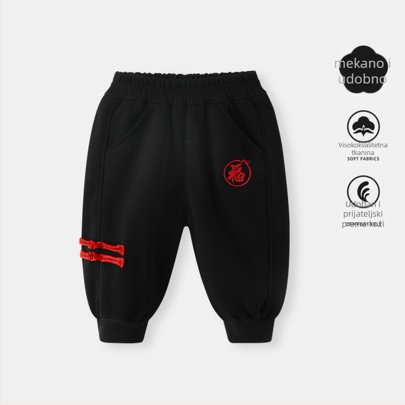 Dječje hlače za dječake 1–3 godine, fleece iznutra, casual stil, 50% pamuk, srednji pojas, duge hlače, zimski model 2025