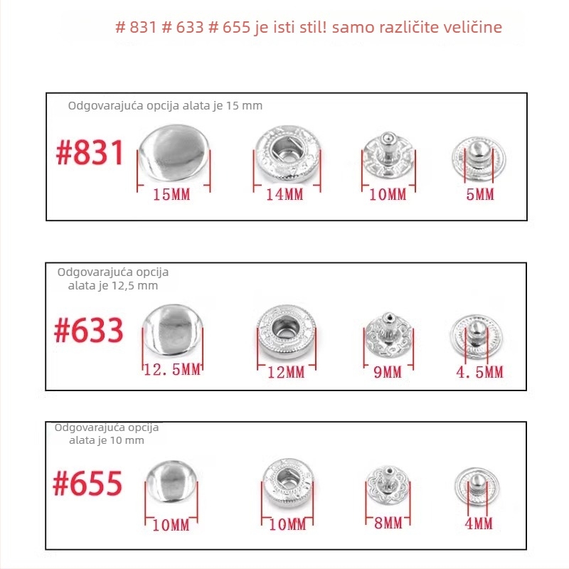 4-djelni set: ručne metalne šablone za kopče tipa snap i električni alat za ugradnju
