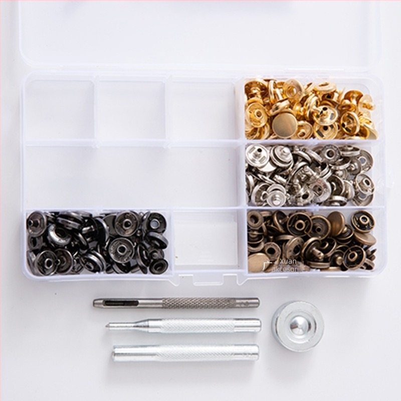 633 Skup alata za montažu metalnih snap kopči, mesing, četverozatvara kopča, za traperice