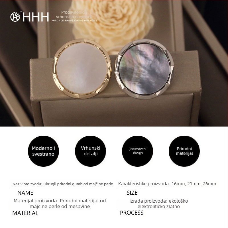 Metalni gumbi s prirodnim biserom za odjeću (Materijal: legura s prirodnim bisernim izgledom; Konstrukcija: metalna ručna šivna kopča; Primjena: jakne, kaputi, odijela, košulje, haljine)
