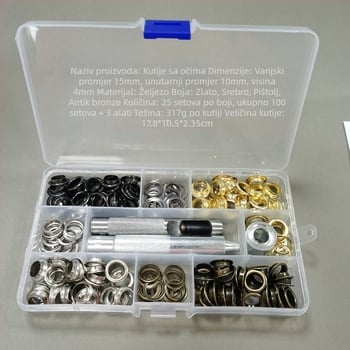 Željezni set šupljih riveta s četiri gumba kopče i alat za ugradnju, za traperice, cipele, šešire i vanjsku odjeću — WY