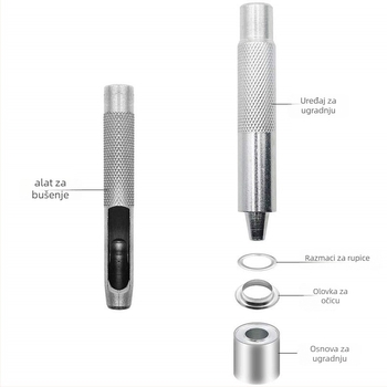 Željezni set šupljih riveta s četiri gumba kopče i alat za ugradnju, za traperice, cipele, šešire i vanjsku odjeću — WY