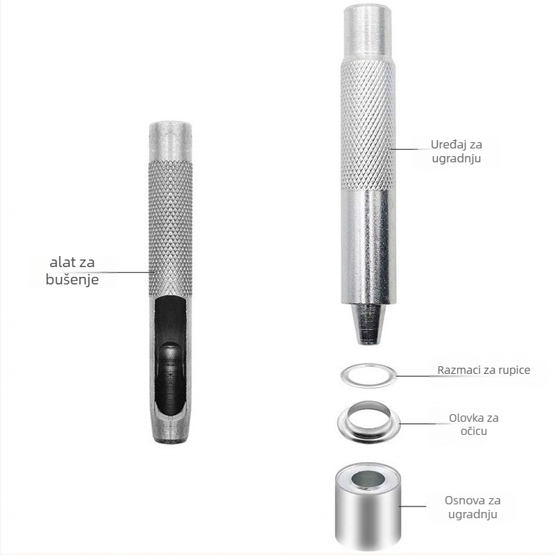 Željezni set šupljih riveta s četiri gumba kopče i alat za ugradnju, za traperice, cipele, šešire i vanjsku odjeću — WY