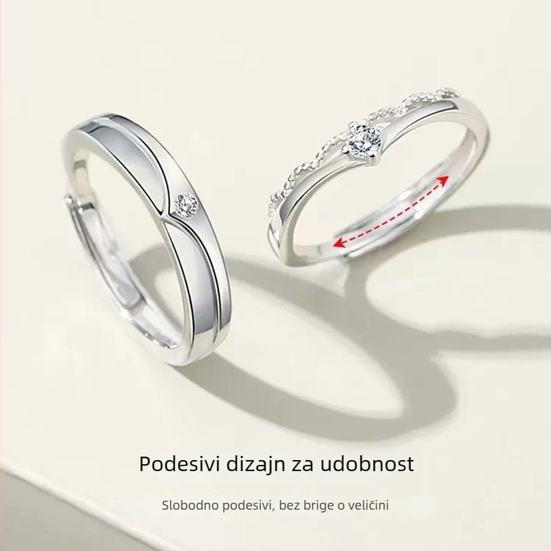 Junli S925 srebrni prsten za parove, geometrijski dizajn s ugrađenim cirkonom