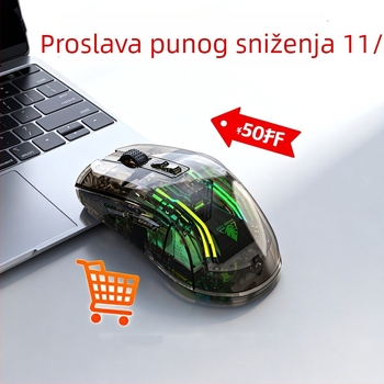 Prozirna bežična gaming miš s dvostrukim režimom (2.4G + Bluetooth), 4000 DPI, 7 tipki, punjiva