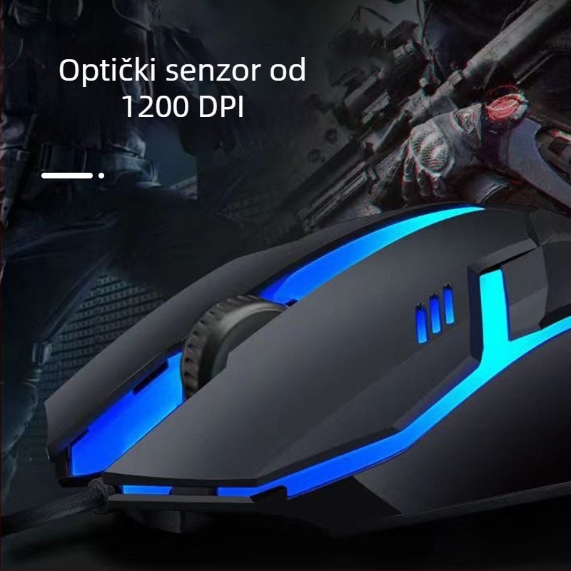 USB žičana optička miša, senzor 1200 DPI, 3 tipke, kabel 1,2 m, za stolna računala