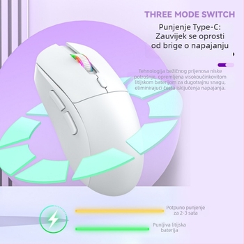 Optička miša s tri načina povezivanja: USB kabel, 2.4G i Bluetooth; napajanje putem punjenja; lagan dizajn; do 12000 DPI; 6 tipki