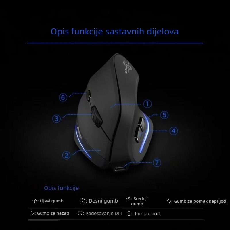 Bežični ergonomski uspravni miš, 2400 DPI, 6 tipki, USB sučelje, 2,4 GHz