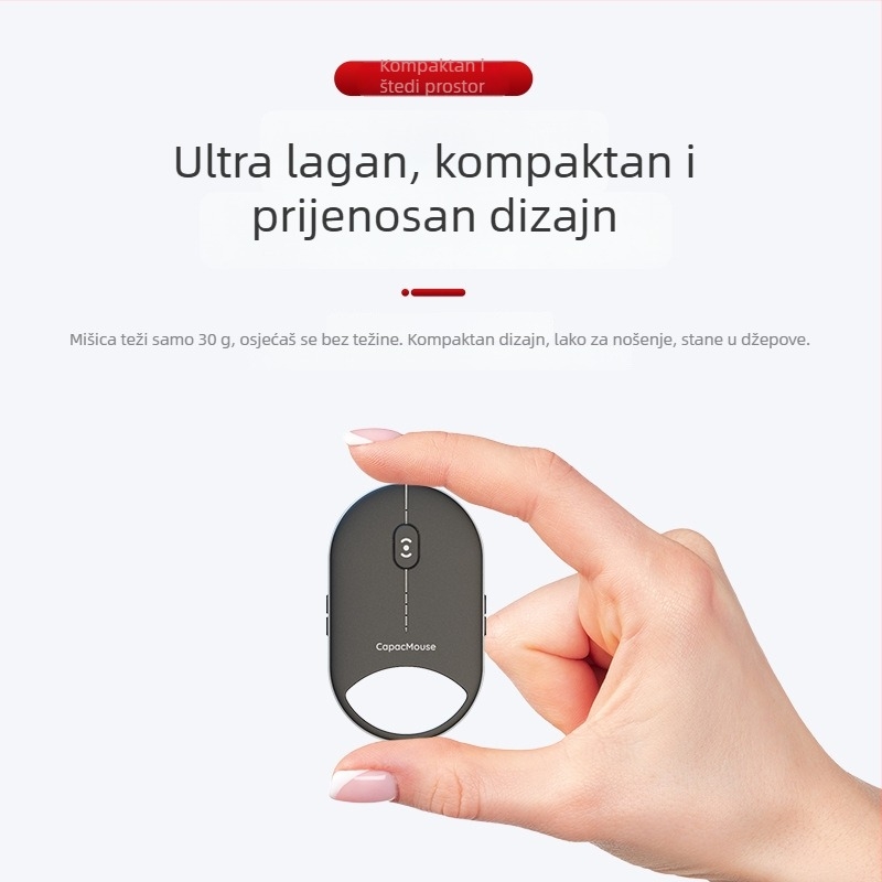 capacmouse Cap5 Bežična ergonomska mini miša – 4000 DPI, 7 tipki, Bluetooth i 2.4G, Plug‑and‑Play, Type‑C kabel uključen