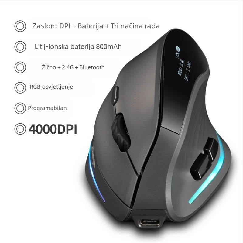 Gaming vertikalni bežični miš, 2.4G/Bluetooth, tih RGB osvjetljenje, 4000 DPI, 7 programabilnih tipki, USB, ergonomski dizajn