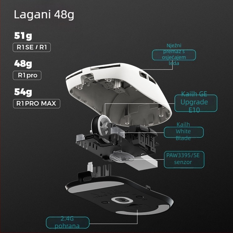 VXE Dragonfly R1 bežični gaming miš s PAW3395 senzorom, ergonomski, lagan, 4 tipke, dugotrajna baterija