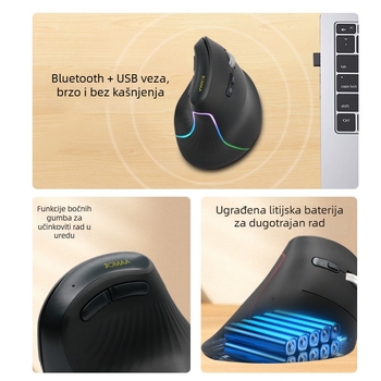 JOMAA bežična vertikalna miša - 2,4 G + Bluetooth, 4000 DPI, četiri DPI razine, ergonomska, punjiva