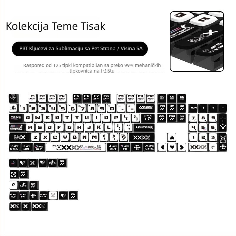 Set kapica za tipke SA visine za mehaničku tipkovnicu, PBT sublimacija, četiri strane prozirno, puding stil, 125 tipki