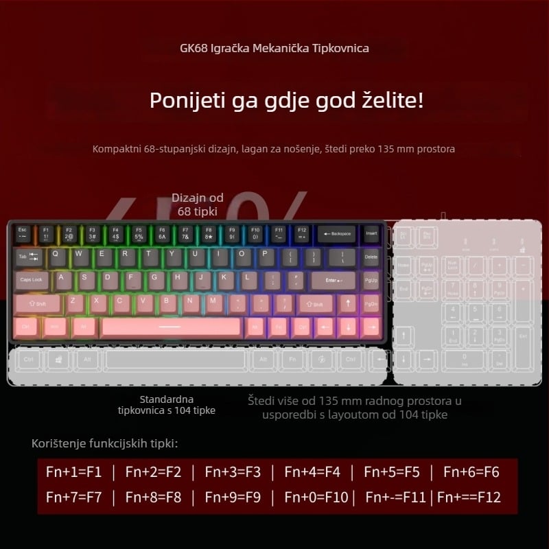 Gaming tipkovnica s 68 tipki, žična USB veza, crveni prekidač, vodootporna