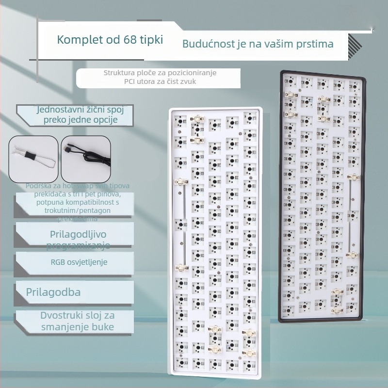 68-tipkovna mehanička DIY set s RGB pozadinskim osvjetljenjem, programabilnim zelenim osovinama, žičano povezivanje