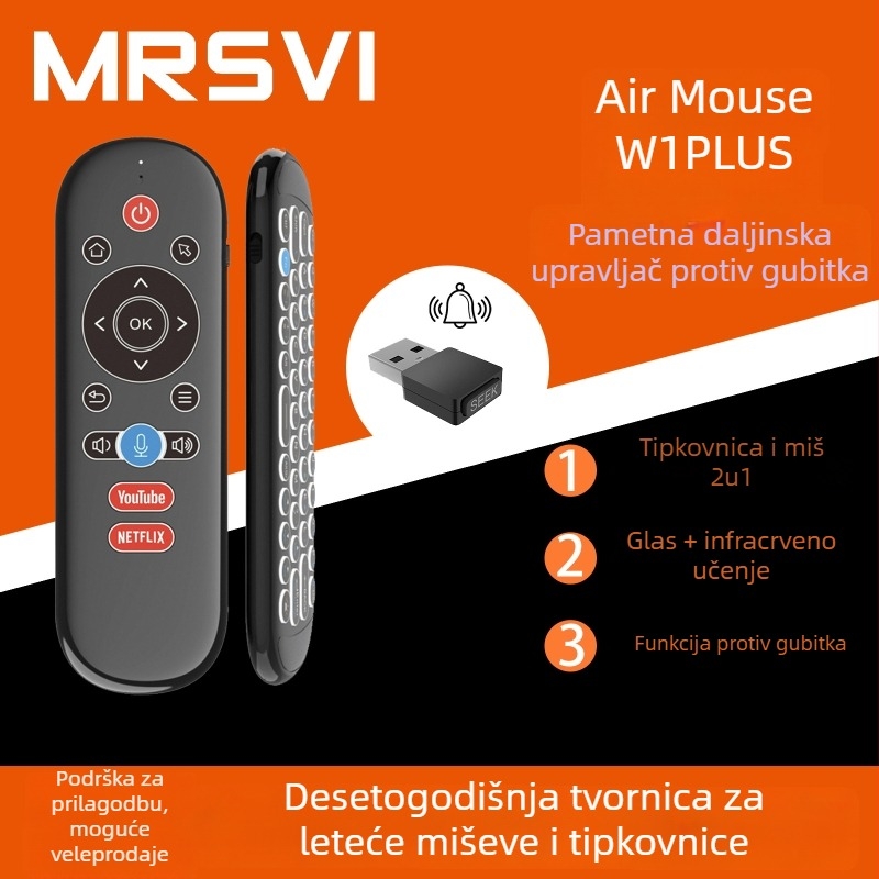 W1 PLUS Inteligentno glasovno daljinsko upravljanje s bežično dvostrukom mini tipkovnicom i mišem (USB, Učenje IR, domet 10 m)