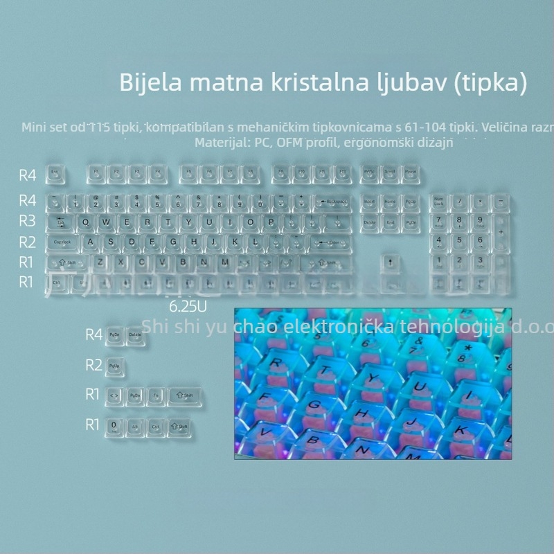MDA profil set od 115 keycapova za mehaničke tipkovnice, PC materijal, potpuno prozirni, kompatibilni s Cross tipkovnicama