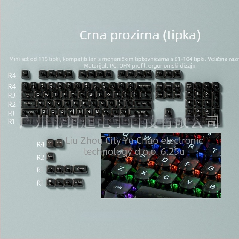 MDA profil set od 115 keycapova za mehaničke tipkovnice, PC materijal, potpuno prozirni, kompatibilni s Cross tipkovnicama