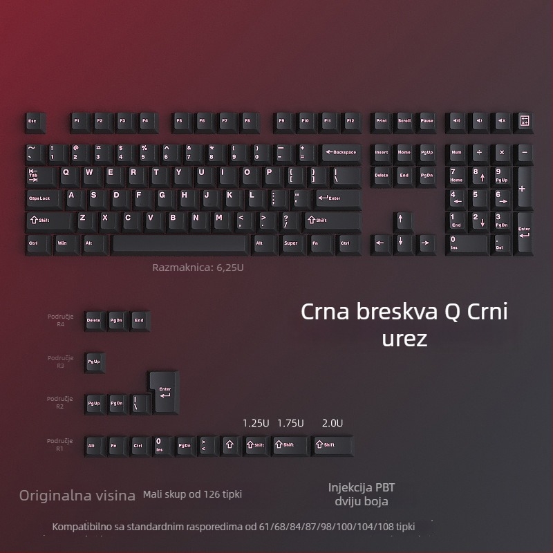 Originalne PBT kapice za tipke, komplet od 126 tipki, OEM obrada, težina 260 g