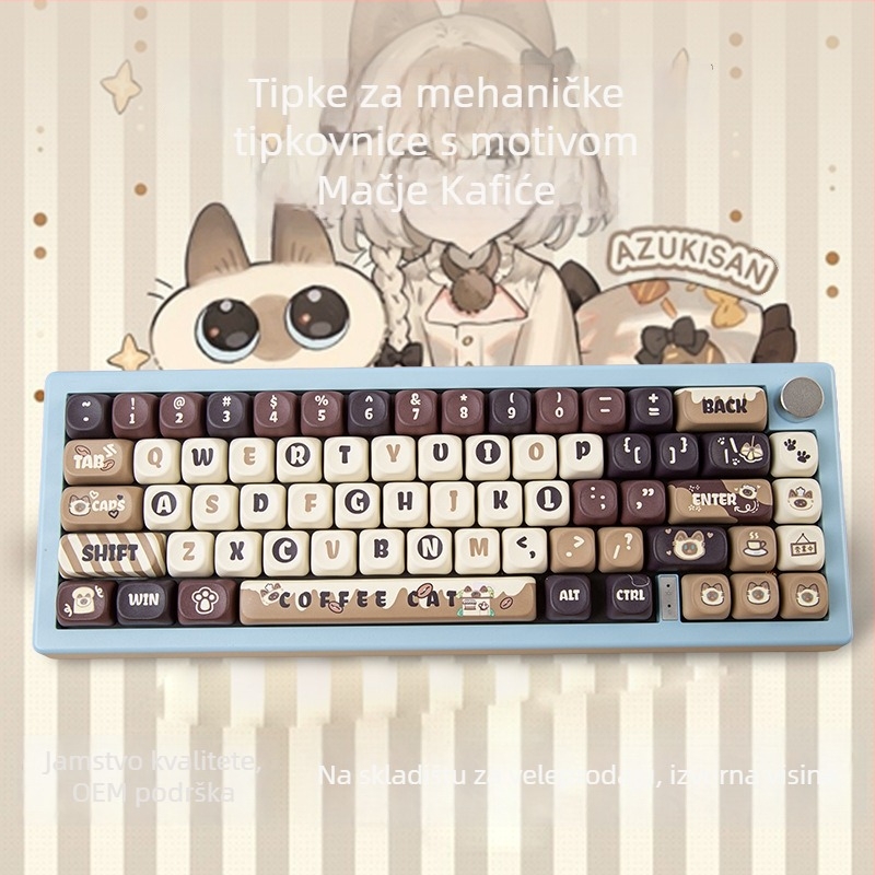 Cat Cafe keycaps za mehaničku tipkovnicu – petostrana sublimacija, plastične kapice, kompatibilnost s osi Cross/Wall/Box/Magnetic, za raspored 60–108