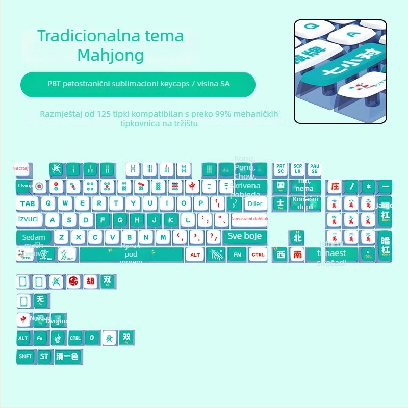 Mahjong-tematski PBT SA set kapica za tipkovnice za mehaničke tipke, sublimacija, komplet za 61–108 tipki
