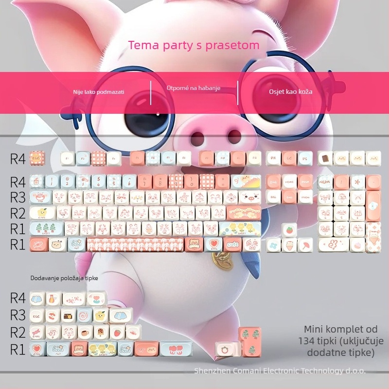 Keycaps za mehaničke tipke – niskoprofilne, Pigman Party tema, PBT materijal, petostrano Dye-Sublimation ispisa, univerzalna kompatibilnost
