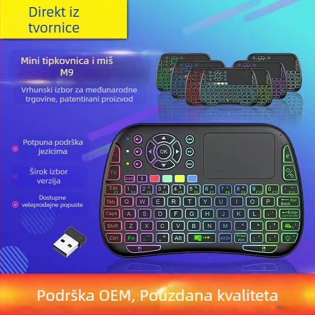 M9 mini bežična tipkovnica s touchpadom i IR daljinskim upravljačem s učenjem – 88–98 tipki, bežična veza, RGB pozadinsko osvjetljenje