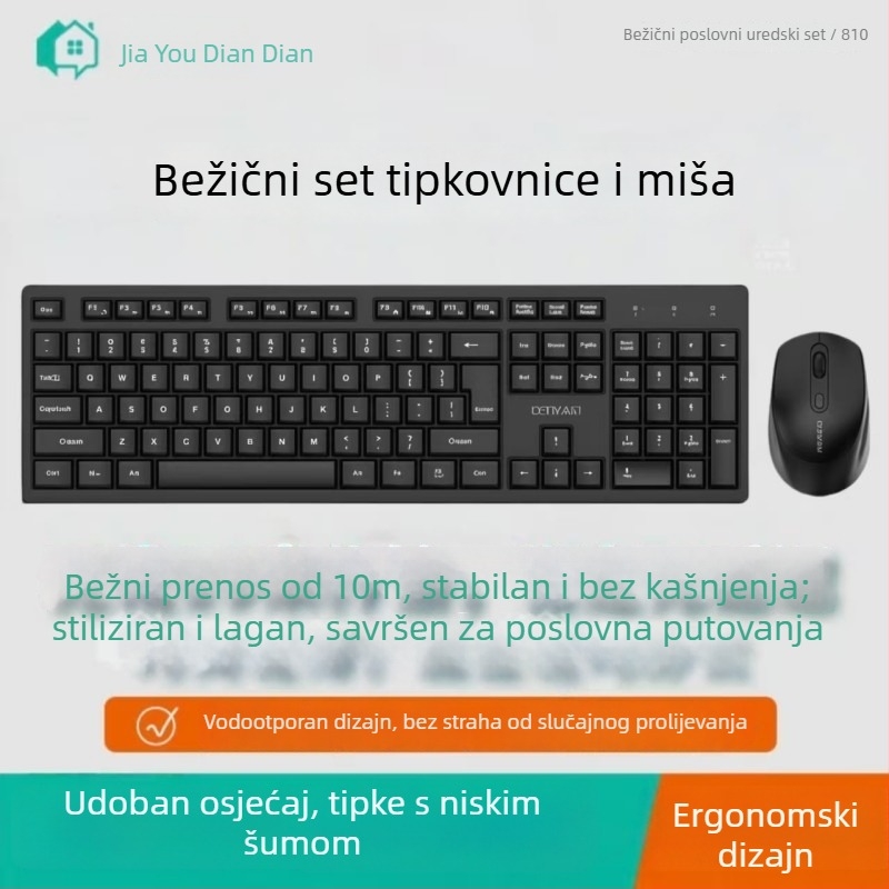 Bežični set tipkovnice i miša s pozadinskim osvjetljenjem, USB, optički senzor, kabel 1 m, za prijenosno uredske okruženje