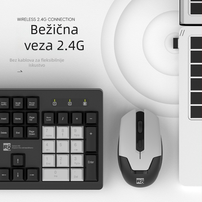 R8 1912 Bežični set tipkovnice i miša, 1600 DPI optički, USB, ergonomski dizajn, za prijenosno računalo, ured ili igranje