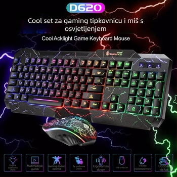 D620 gaming set tipkovnice i miša, žični USB, 1600 DPI, pozadinsko osvjetljenje, ergonomski dizajn