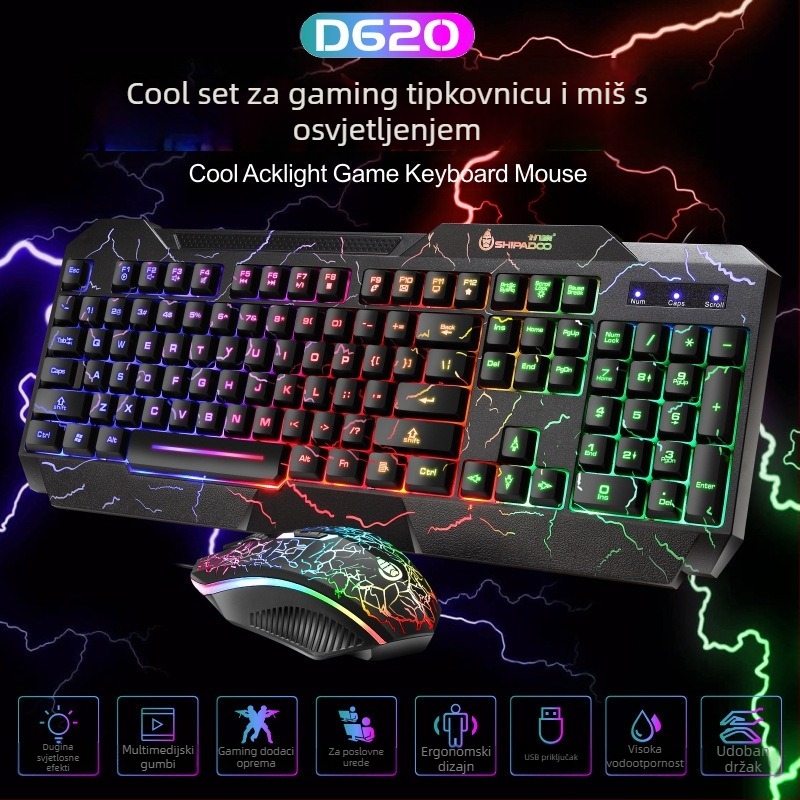 D620 gaming set tipkovnice i miša, žični USB, 1600 DPI, pozadinsko osvjetljenje, ergonomski dizajn