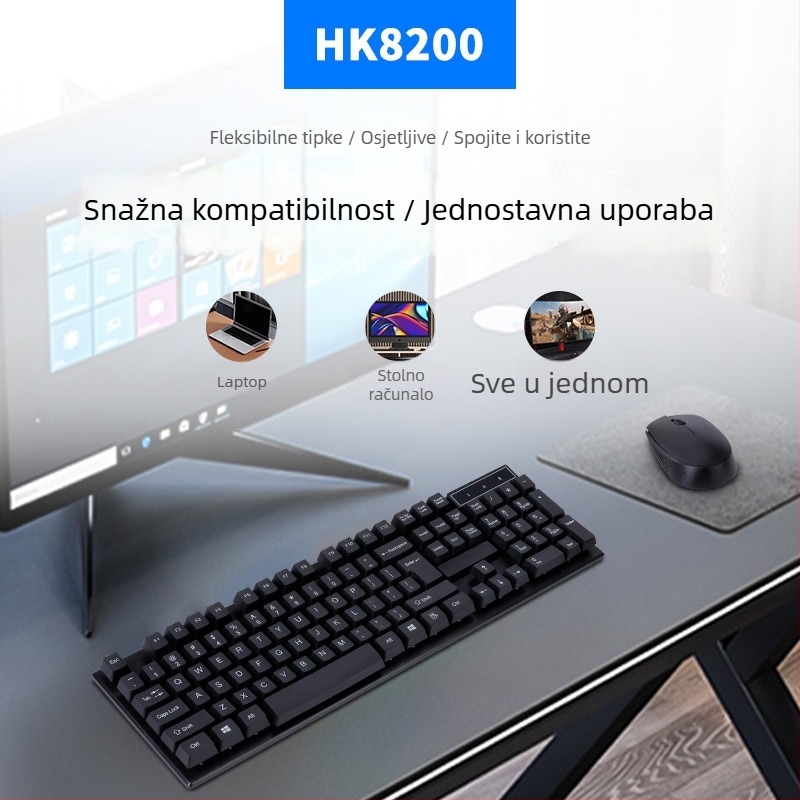 HK8200 Bežični set tipkovnice i miša - USB tipkovnica, USB miš, 1600dpi, ergonomski, vodootporan