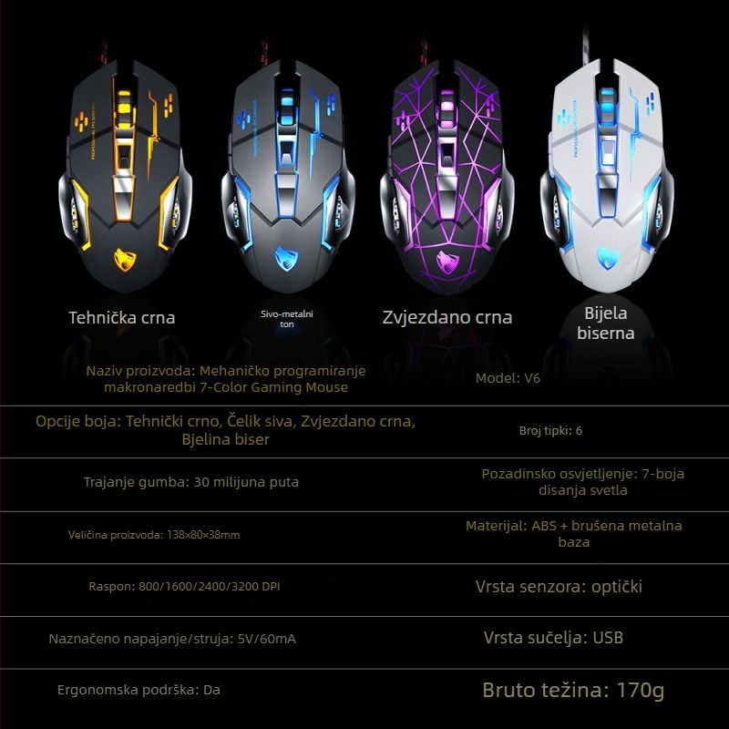 Thunderwolf V6 gaming miš, žični USB, 3200 DPI, 6 tipki, 1,5 m kabel, optički senzor