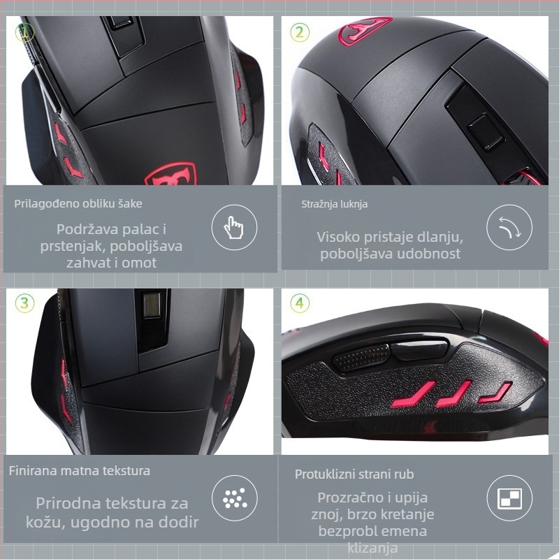 Optički žični gaming miš s 3500 DPI, 7 tipki, USB sučelje, 4-smjerni kotačić za pomicanje, ergonomski dizajn