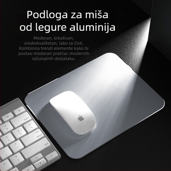 Podložak za miš od aluminijske legure, dimenzije 245 × 202 mm, jednostruka mat površina od metala, mogućnost tiska logotipa