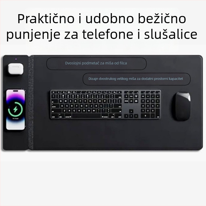 Podloga za miš s bežičnim punjenjem, 2-in-1, dvostruka PU koža stolna podloga, protuklizna, OEM prilagodba