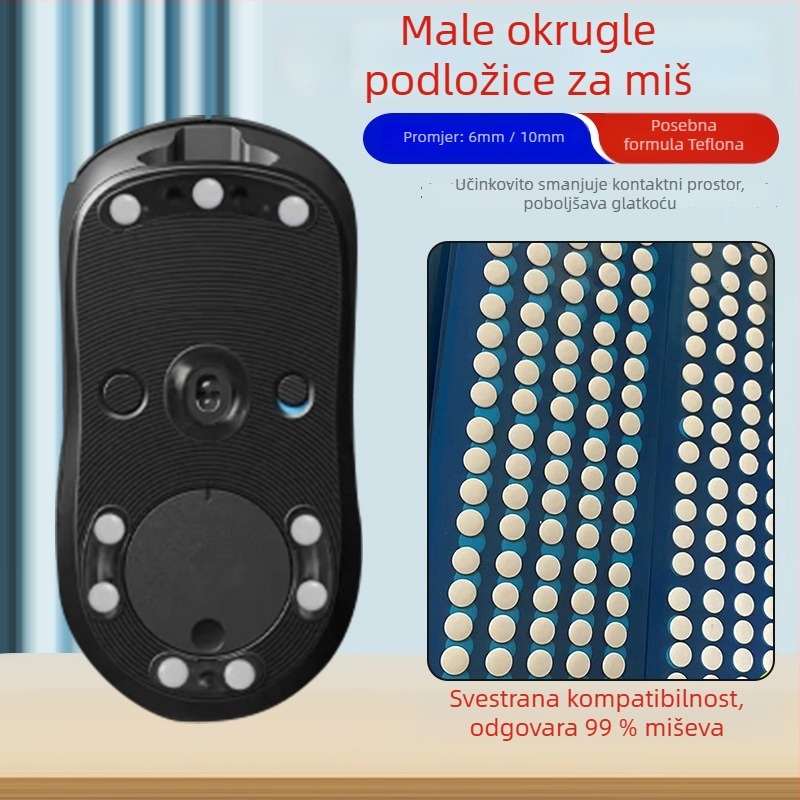 Teflonske naljepnice za podnoške miša, kružnog oblika, za sve modele miša, protuklizne i otporne na habanje, debljina 0,6 mm (uz ljepilo 0,14 mm, ukupno 0,8–1,0 mm), širina 6,5 mm, obrada strojem, OEM