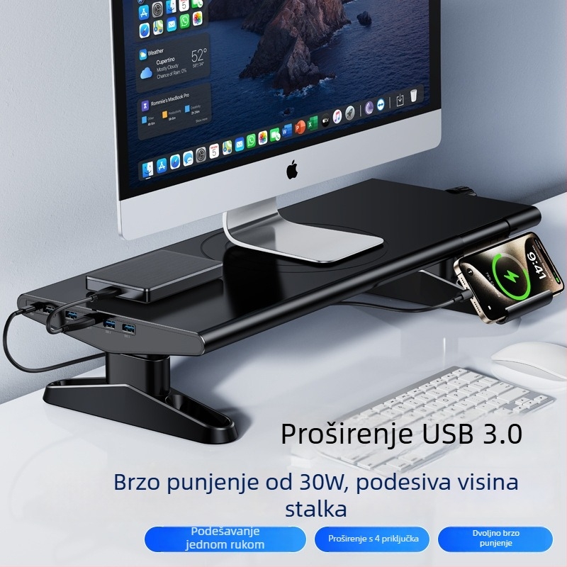 Podizni stalak za monitor na stolu s docking stanicom i brzim punjenjem za telefon – ABS, model 05677, težina 2,225 kg, kabel duljine 1,5 m, izlazak u proljeće 2025