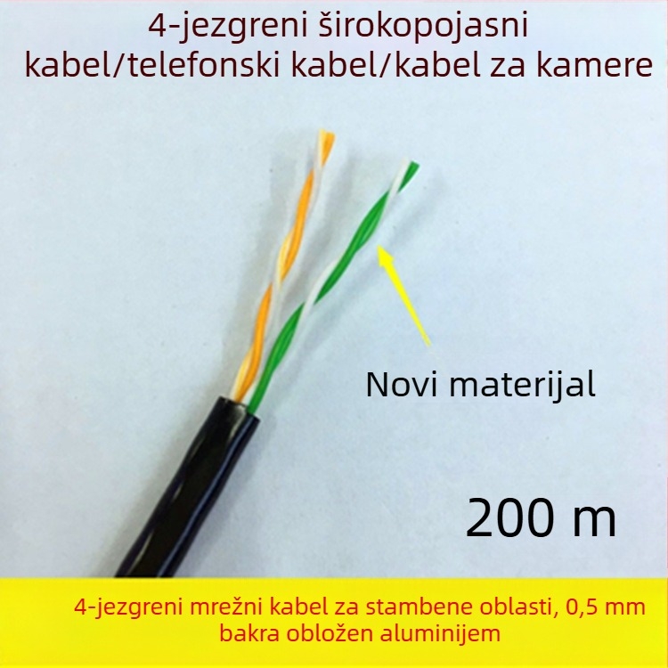 4-žični mrežni kabel s bakrovim oblogom na aluminiju, vodiči 0,5 mm², 100 Mbps, -30 do 65°C, pogodan za računalne nadzorne mreže