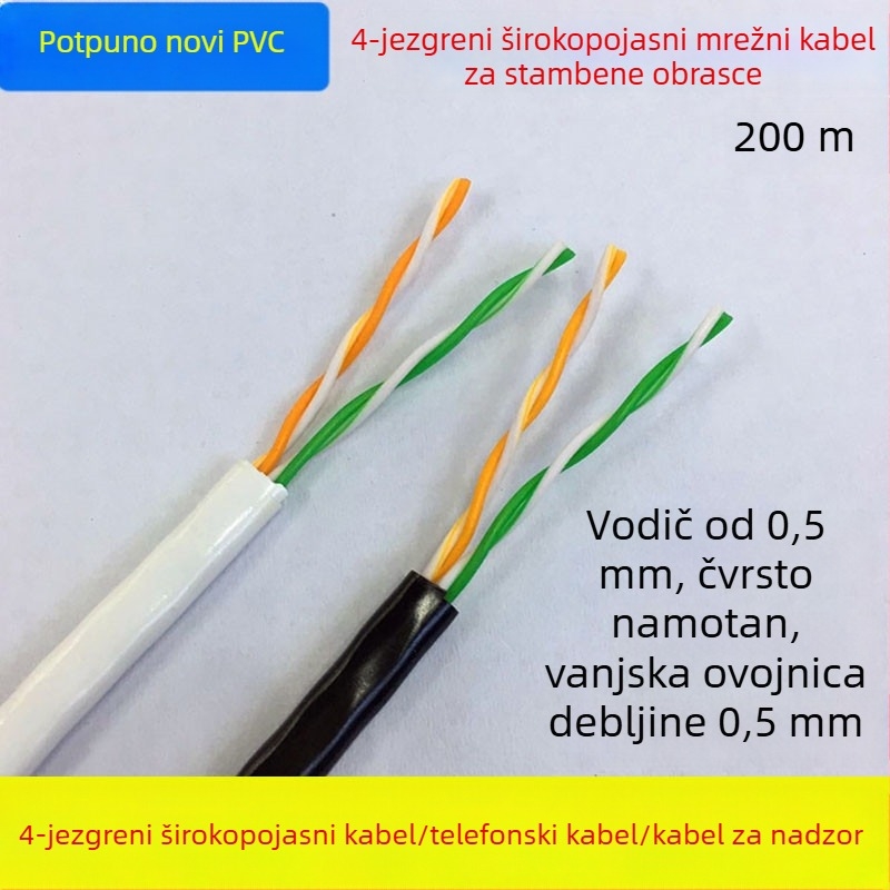 4-žični mrežni kabel s bakrovim oblogom na aluminiju, vodiči 0,5 mm², 100 Mbps, -30 do 65°C, pogodan za računalne nadzorne mreže