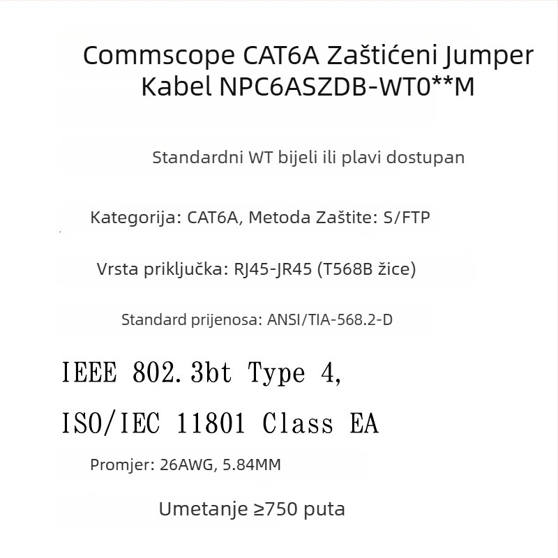 Commscope Cat 6A Shielded Jumper, Model NPC6ASZDB-WT003M, 1 Gbps, za računarski mrežni prekidač, radna temperatura -20 °C do +60 °C, temperatura skladištenja -20 °C do +60 °C, sila naprezanja 90 N