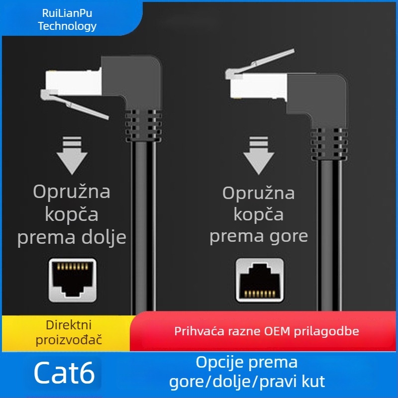 CAT6 Ethernet patch kabel s 90° zavojem, twisted pair, RJ-45, unutarnja uporaba, gigabit