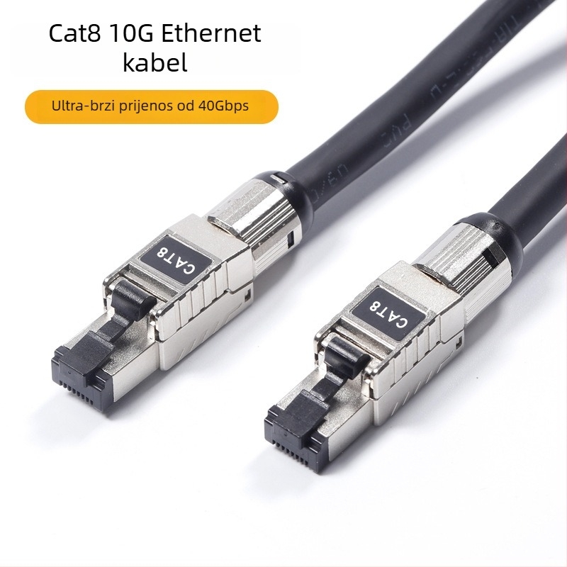 Cat8 mrežni kabel – model cat8, brzina prijenosa 40 Gbps, radna temperatura 20–65°C, temperatura skladištenja 20–65°C, otpornost na naprezanje 1000, za računala i prekidače