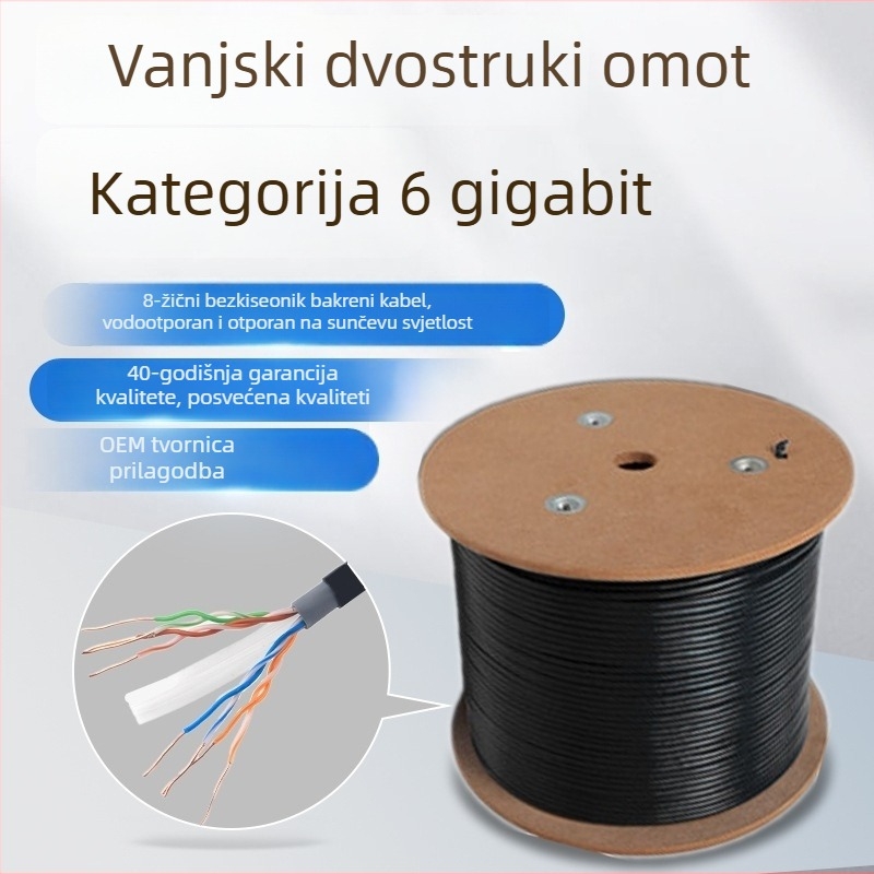 Vanjski Cat6 Gigabit mrežni kabel za video nadzor, 8-jezgreni bakar bez kisika 0,58 mm, dvostruki omotač, vodootporan, temperaturni raspon -20 do 60 °C