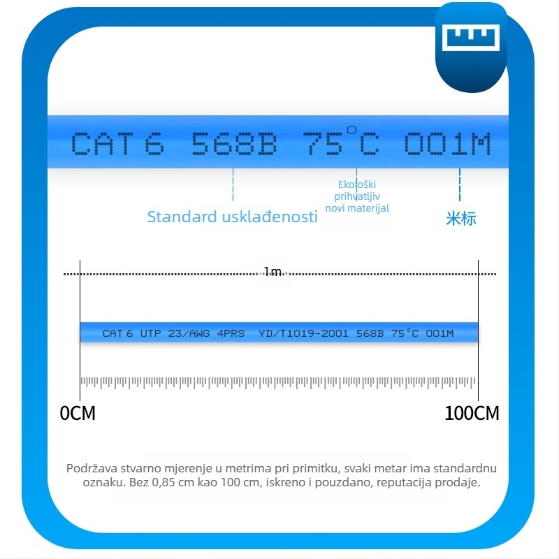 Četveropojasni Cat6/Cat7/Cat8 Ethernet kabel, prilagodljive duljine za visoku brzinu prijenosa, Brzina do 1 Gbps, Radna temperatura -20 do 60 °C, Nosivost napetosti 1000 N