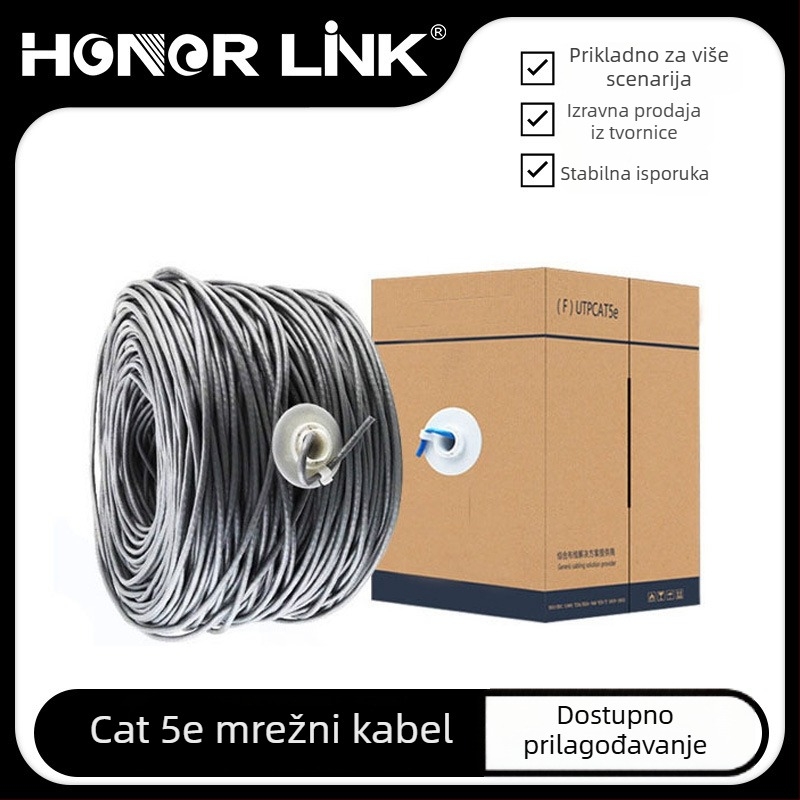 Vanjski CAT5e Ethernet kabel, nezaštićeni, 500–1000 Mbps, 0–60°C, snaga na natezanje 500 N, snaga na kompresiju 500 N