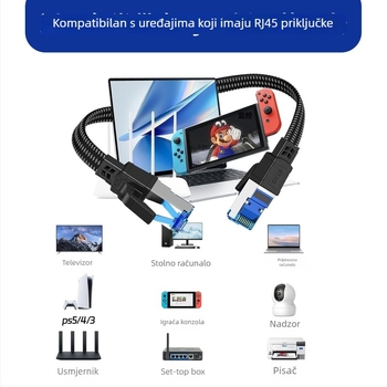 Cat8 crni kabel s pletenom ovojnicom, zaštićeni RJ-45 konektor, čisto bakar, 40 Gbps, za računala i usmjerivače