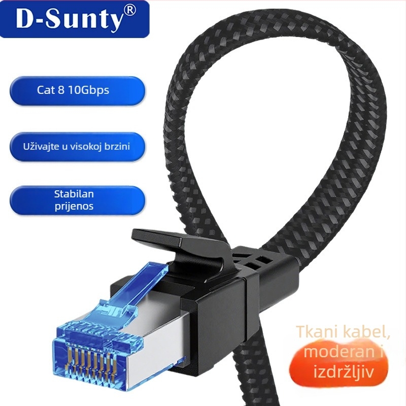 Cat8 crni kabel s pletenom ovojnicom, zaštićeni RJ-45 konektor, čisto bakar, 40 Gbps, za računala i usmjerivače