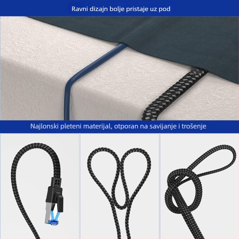 Cat8 crni kabel s pletenom ovojnicom, zaštićeni RJ-45 konektor, čisto bakar, 40 Gbps, za računala i usmjerivače